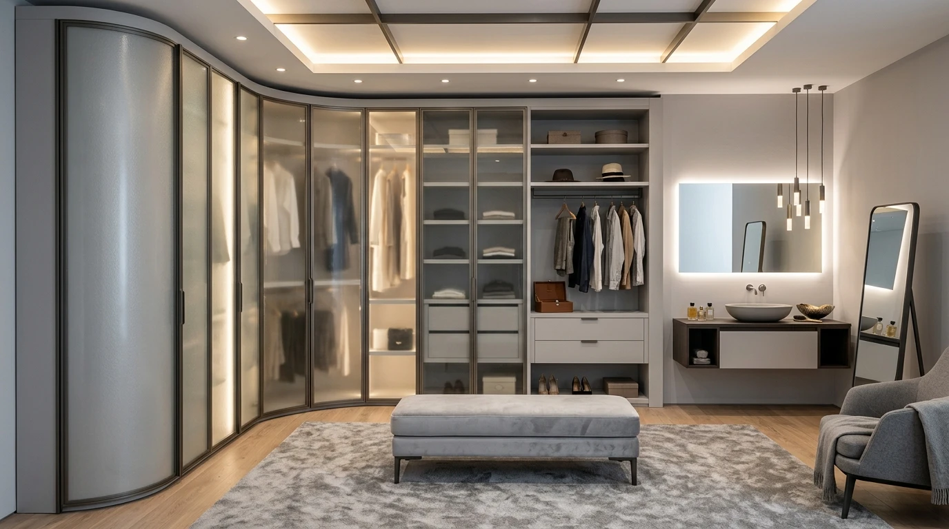 Радиусная гардеробная в доме в Мещерском парке — радиусная конструкция, вид от входа