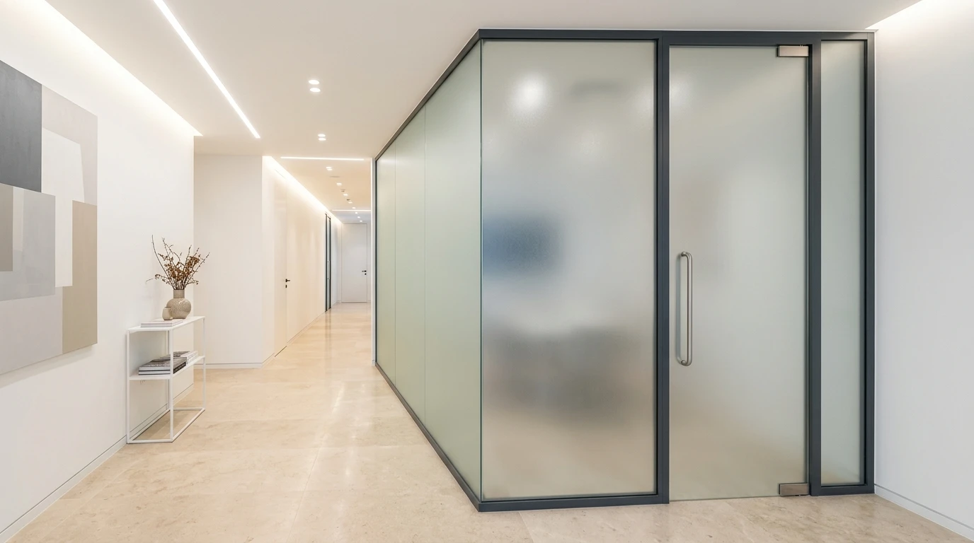 Перегородка между детской и родительской зоной — с матовым стеклом, в интерьере