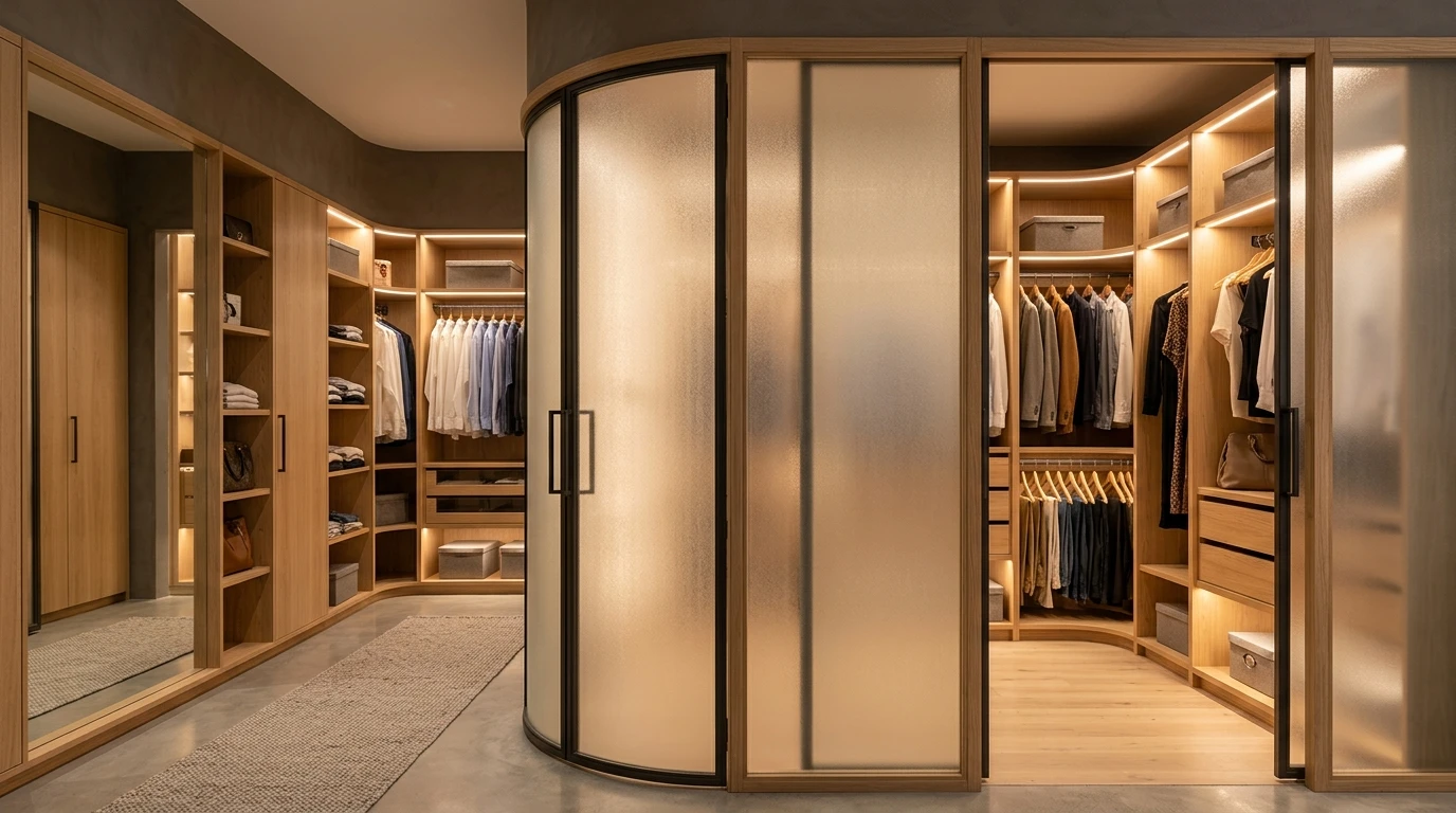Дверь с индивидуальной аркой для гардеробной в районе Северный — с матовым стеклом, вид сбоку